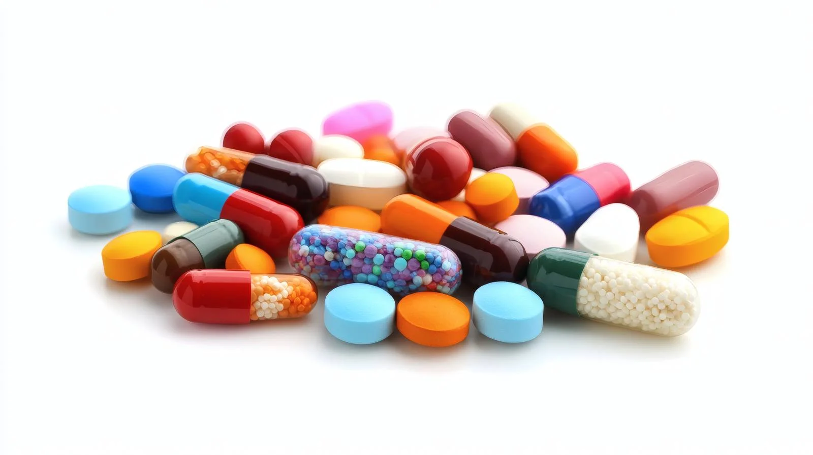Assorted Colorful Medication Capsules on White — free download from Dotvec