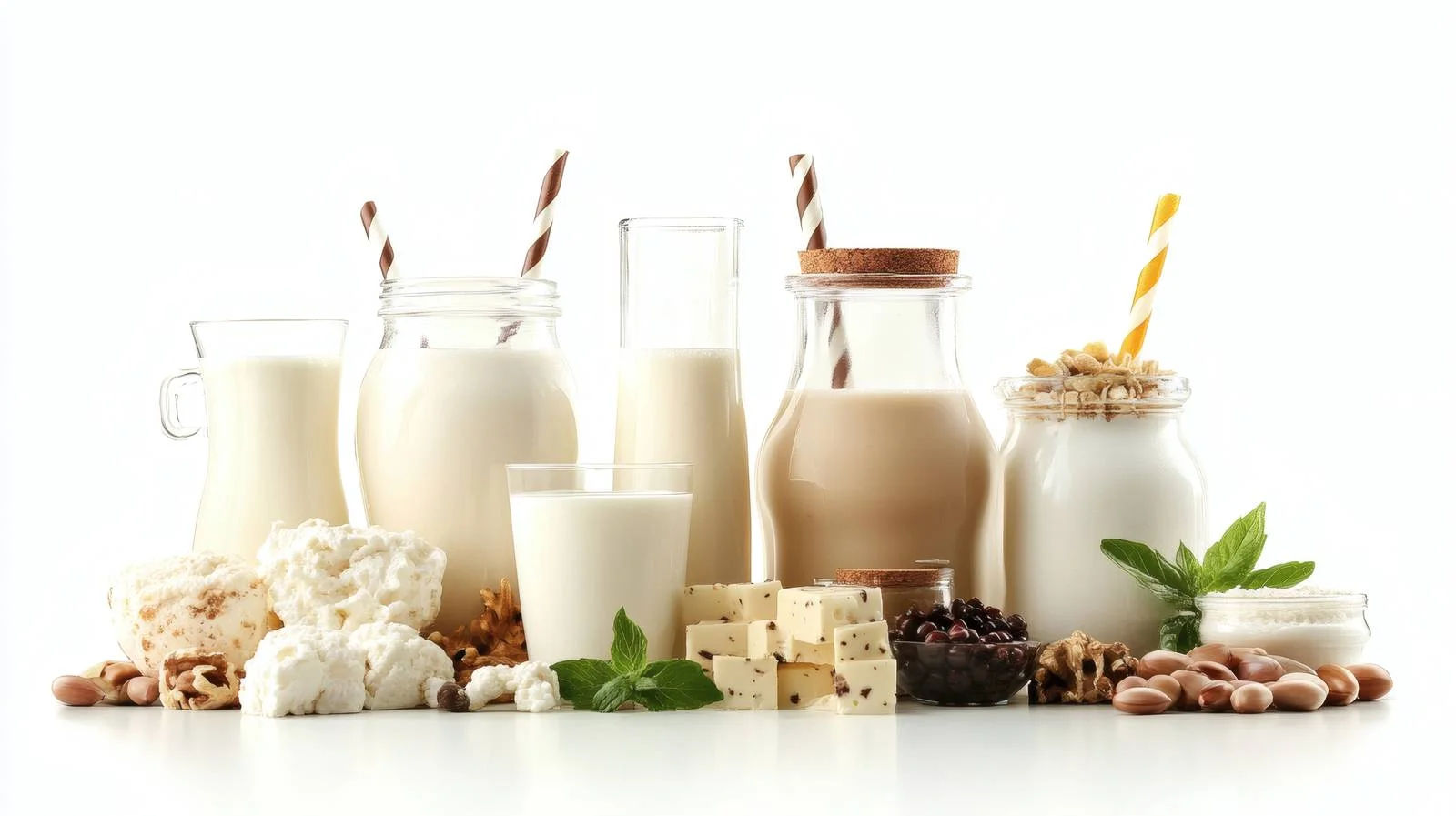 Assorted plant-based milks on white background — free download from Dotvec