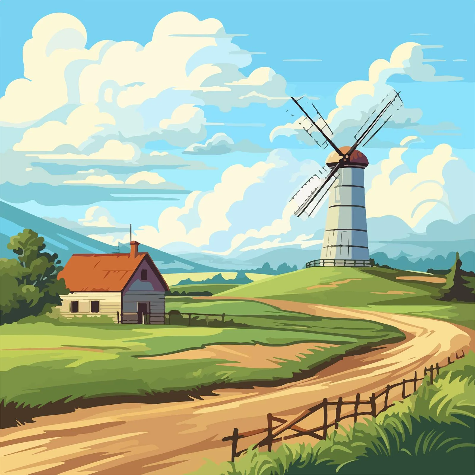 Picturesque Countryside Scene with Farm Structures — free download from Dotvec