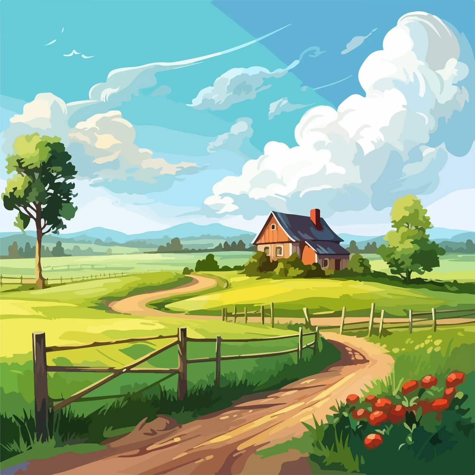 Serene Rural Scene with Cottage — free download from Dotvec
