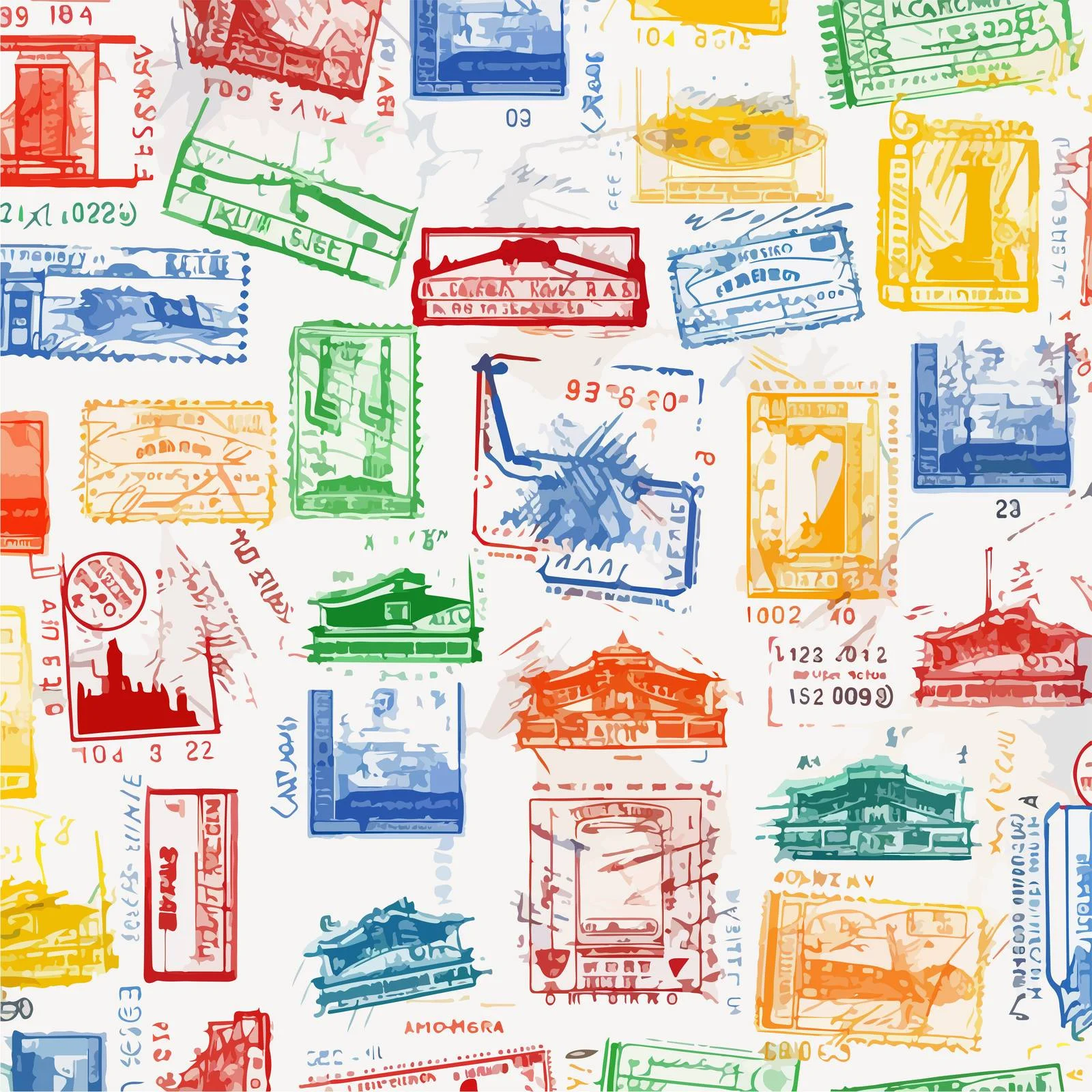 Travel visa stamps pattern with landmarks — free download from Dotvec