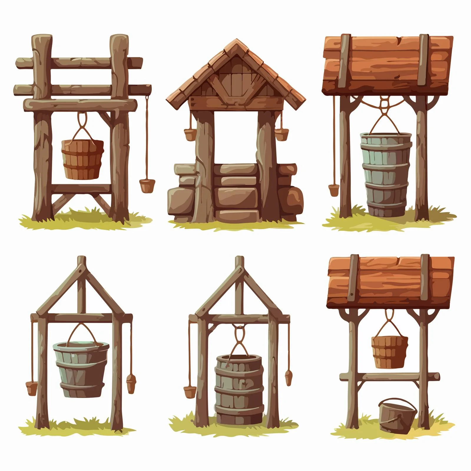 Antique water wells with rope buckets — free download from Dotvec