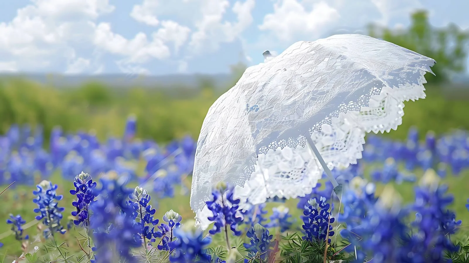 Elegant turned white lace parasol in Texas field — free download from Dotvec