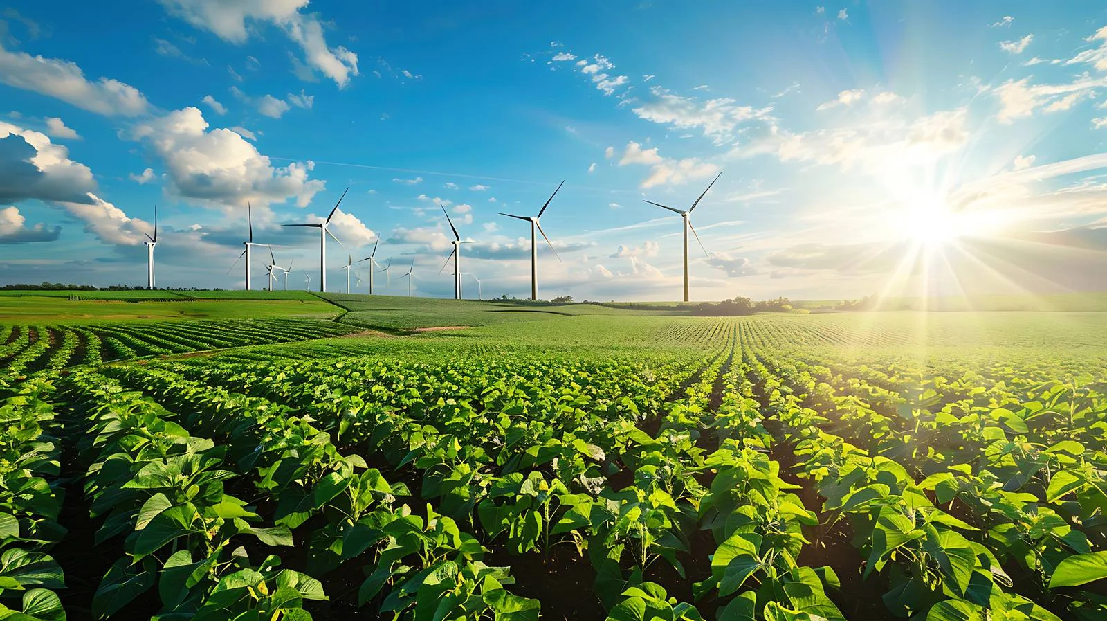 Renewable energy turbines amid sunlit soybean field — free download from Dotvec