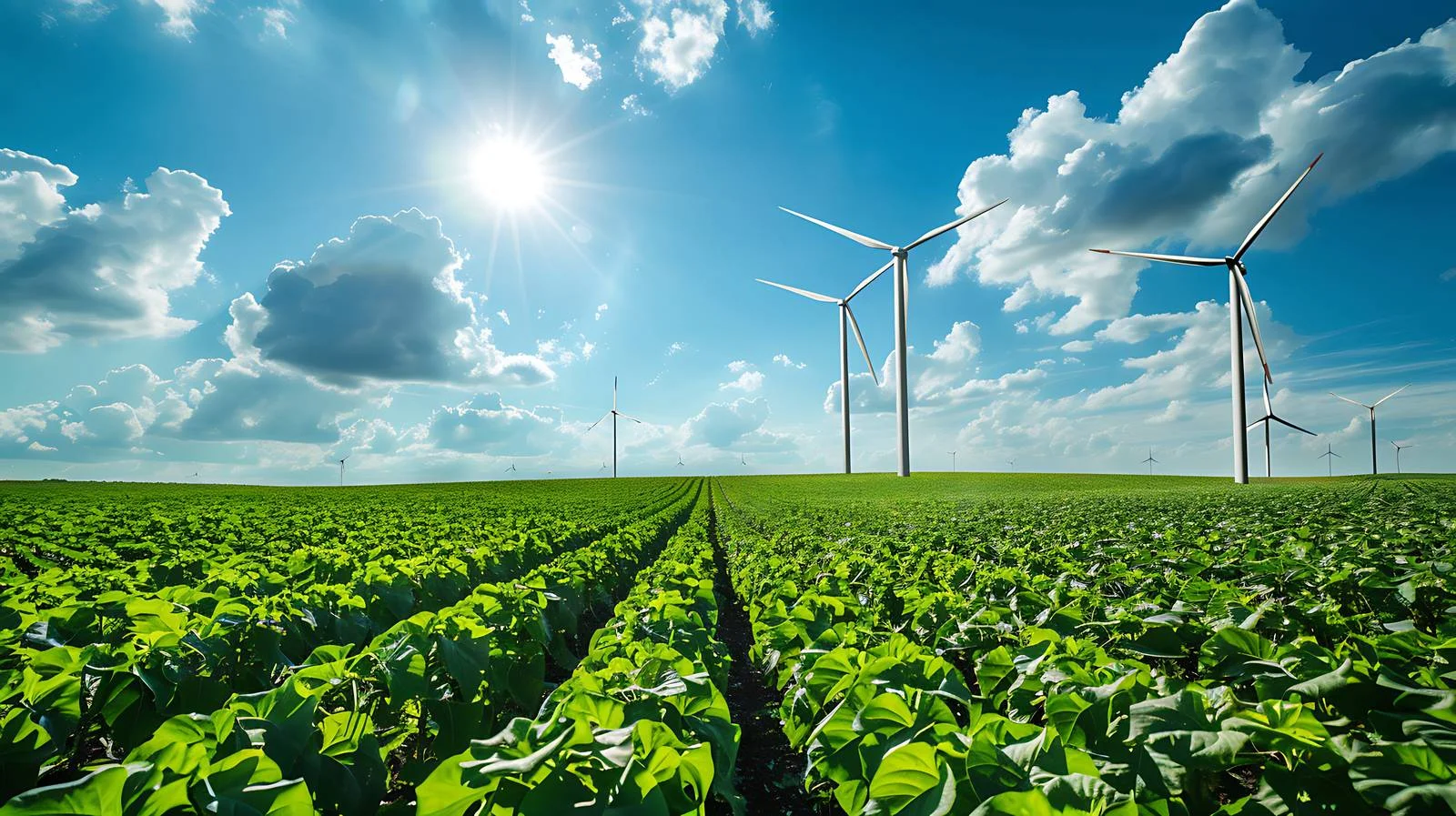 Sunny day wind turbines in soybean field — free download from Dotvec