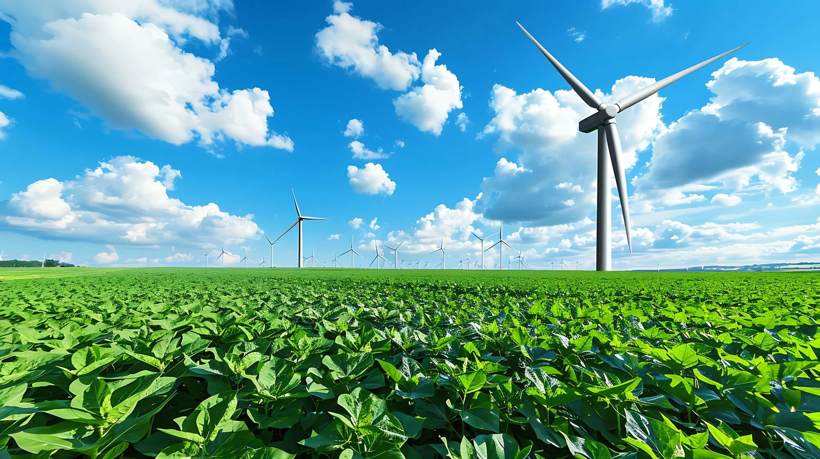 Sunny Day Wind Turbines in Soybean Field — free download from Dotvec