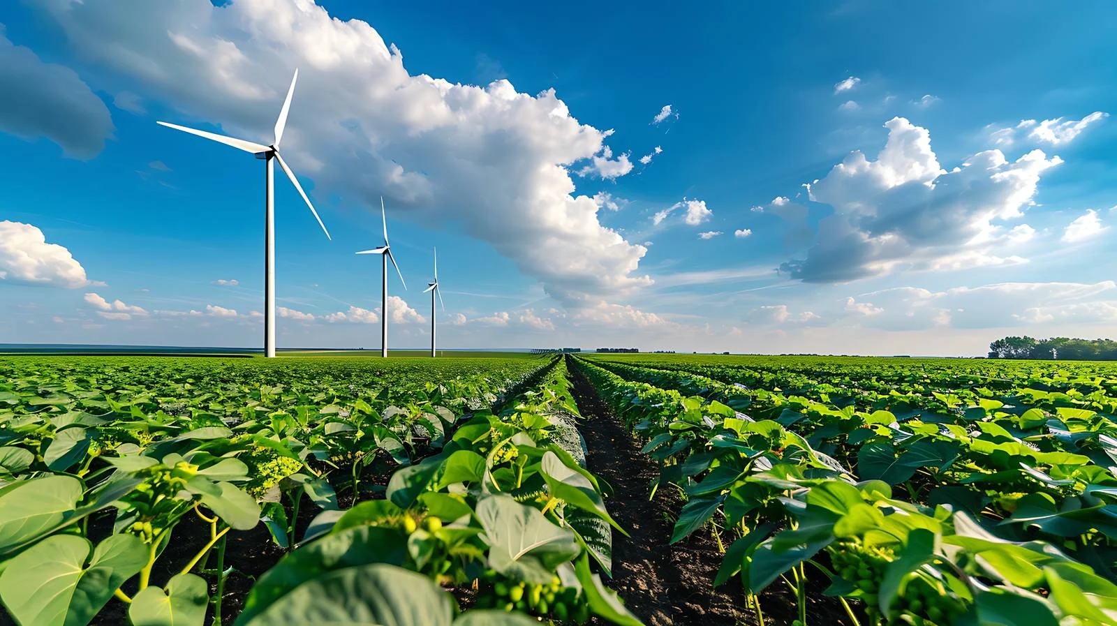 Sunny day wind turbines amidst soybeans — free download from Dotvec