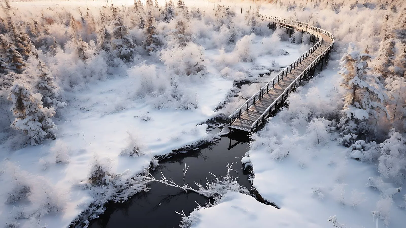 Enchanting Winter Boardwalk Trail along Frozen Creek — free download from Dotvec