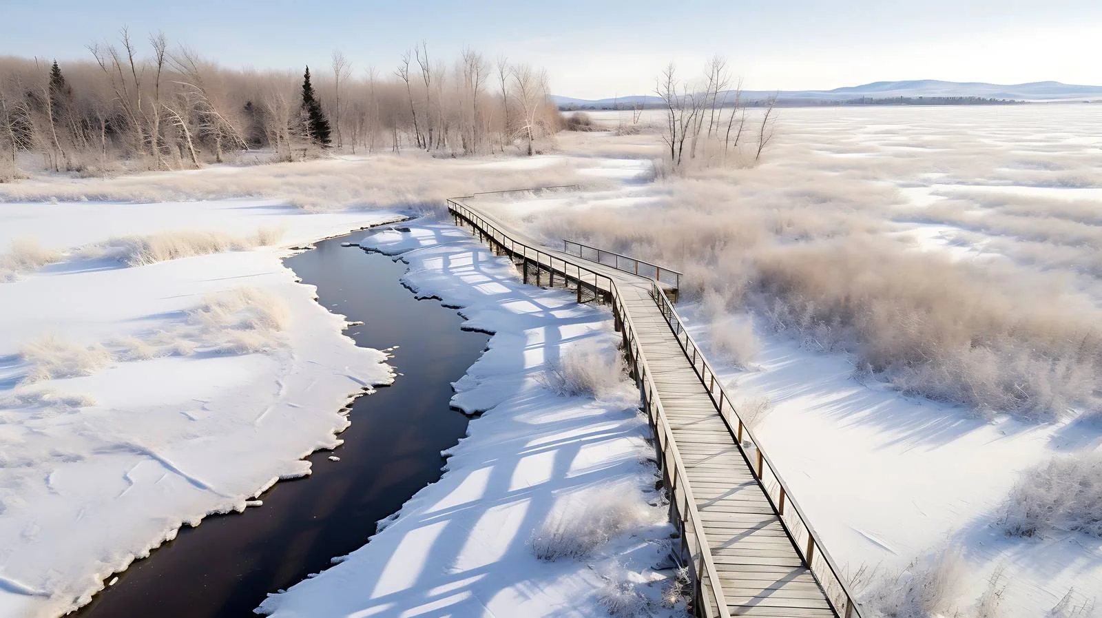 Snowy boardwalk crossing frozen creek in Thunder Bay — free download from Dotvec