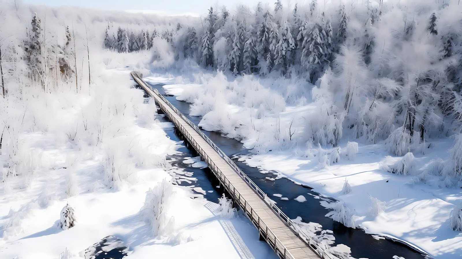 Frozen creek boardwalk through winter landscape — free download from Dotvec