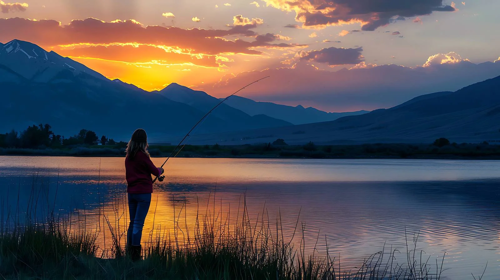 Tranquil Sunset Fishing Scene Amidst Mountains — free download from Dotvec