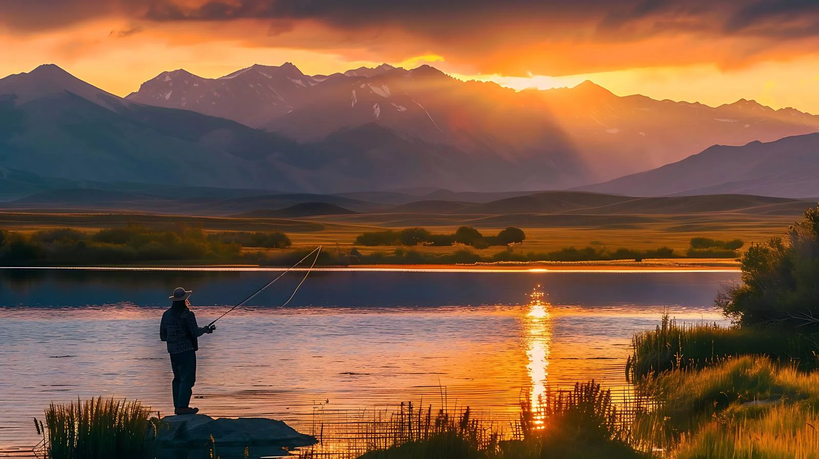 Tranquil Sunset: Woman Fishing by Mountainous Horizon — free download from Dotvec