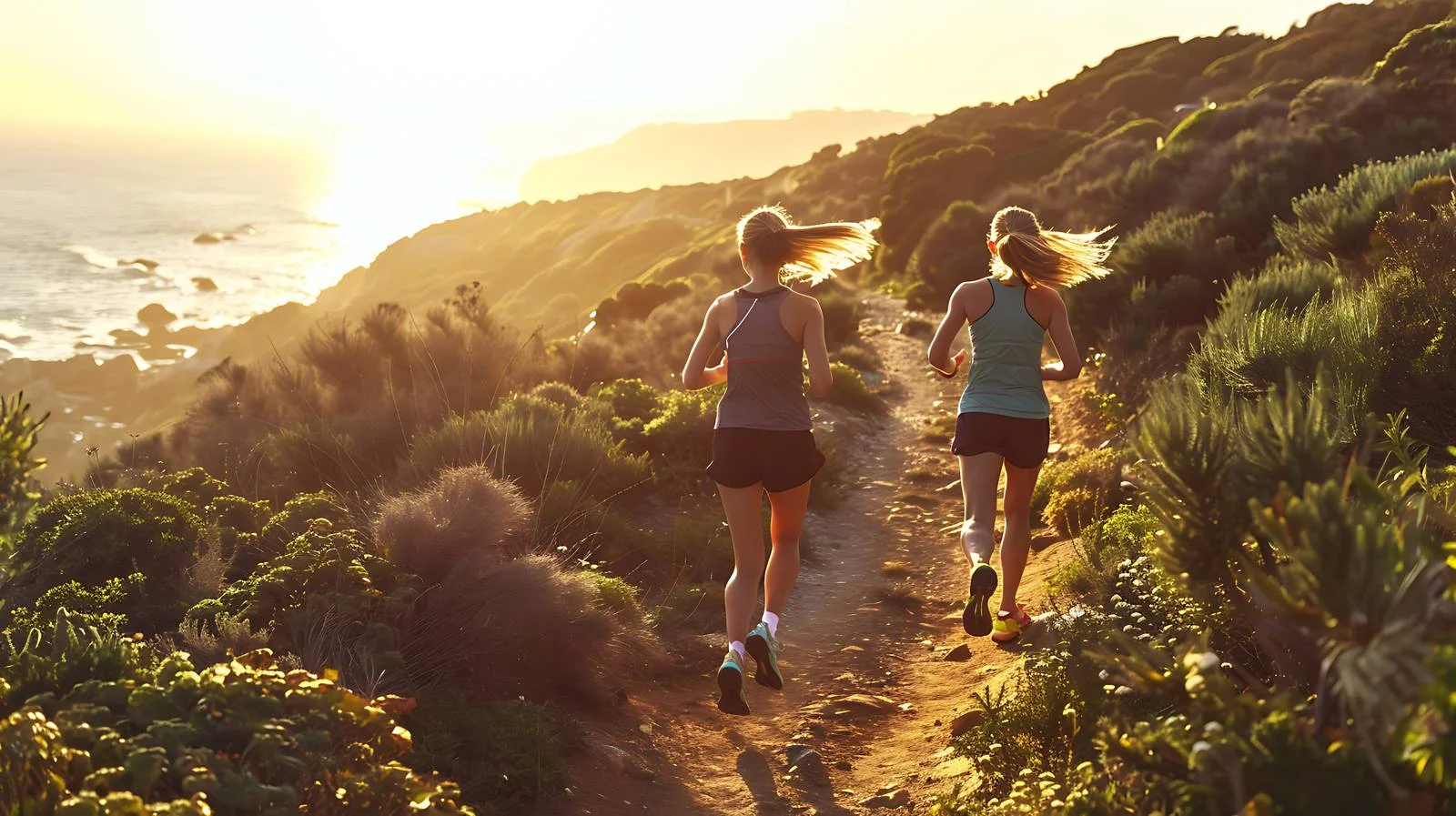 Empowered women running along coastal trail — free download from Dotvec