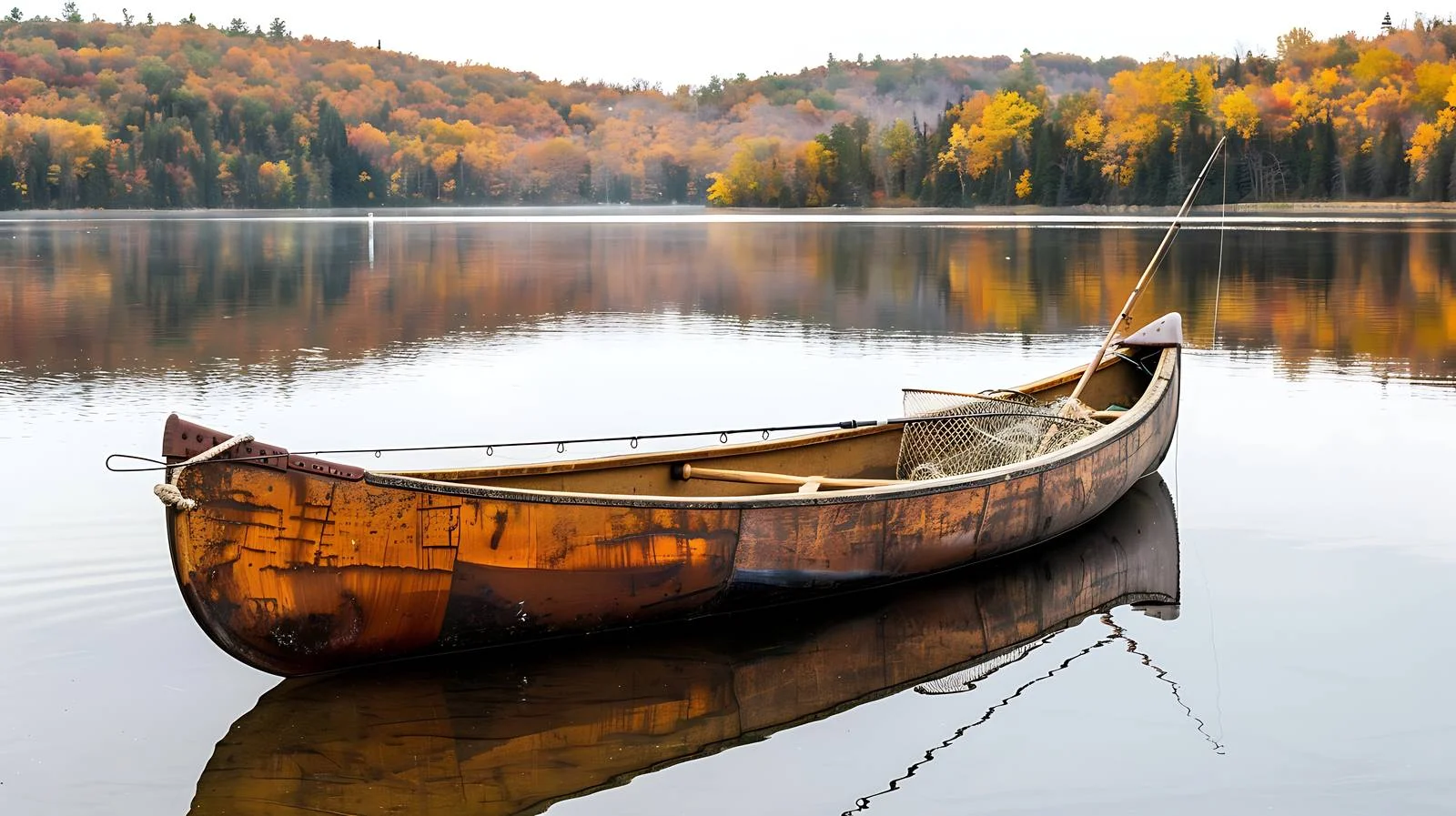 Serene Canoe Scene with Vintage Fishing Gear — free download from Dotvec