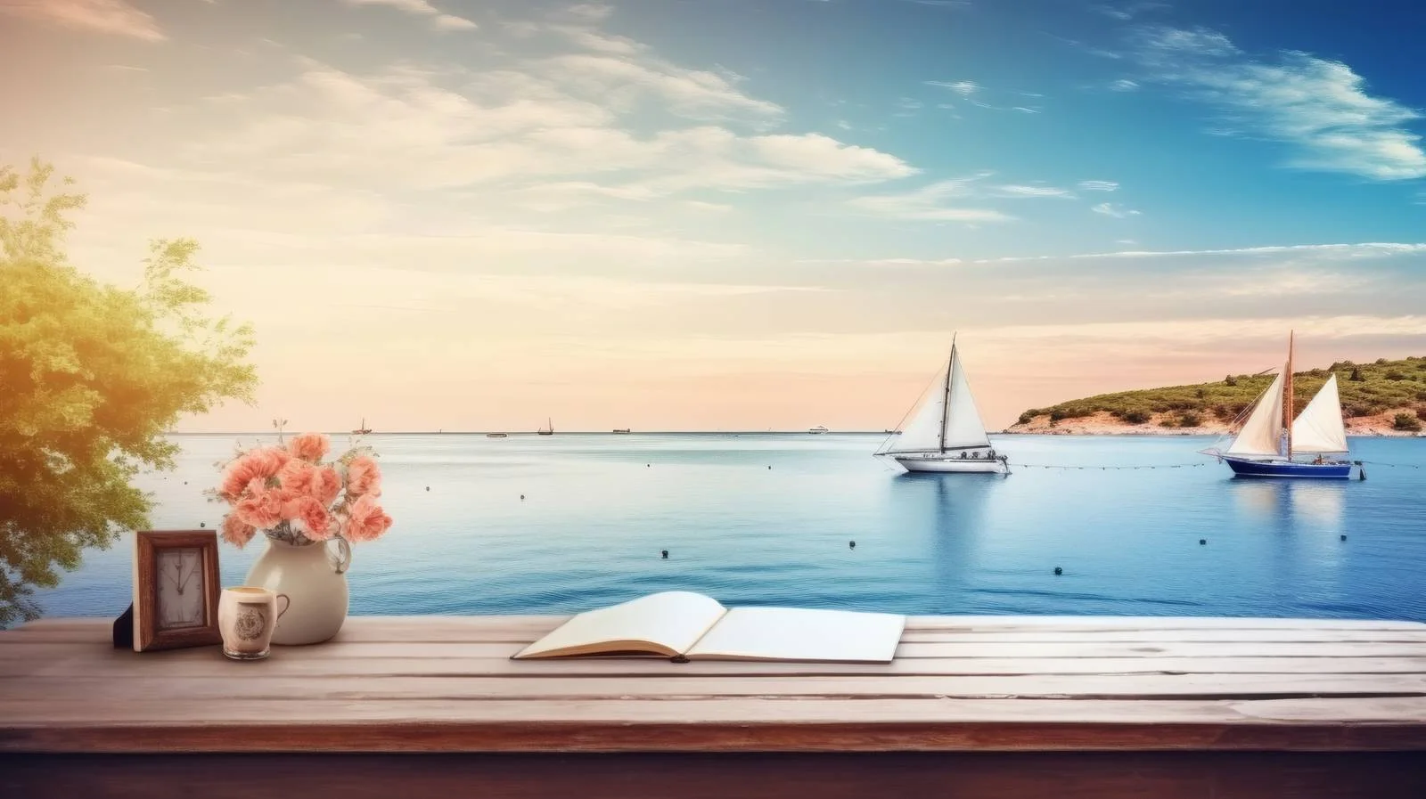 Serenity on Wood: Blue Sea Landscape — free download from Dotvec