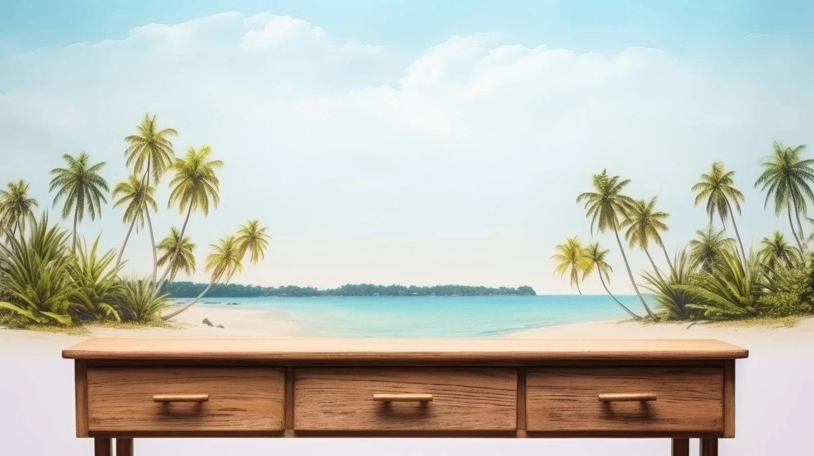 Tropical Coastal Landscape on Wooden Desk — free download from Dotvec