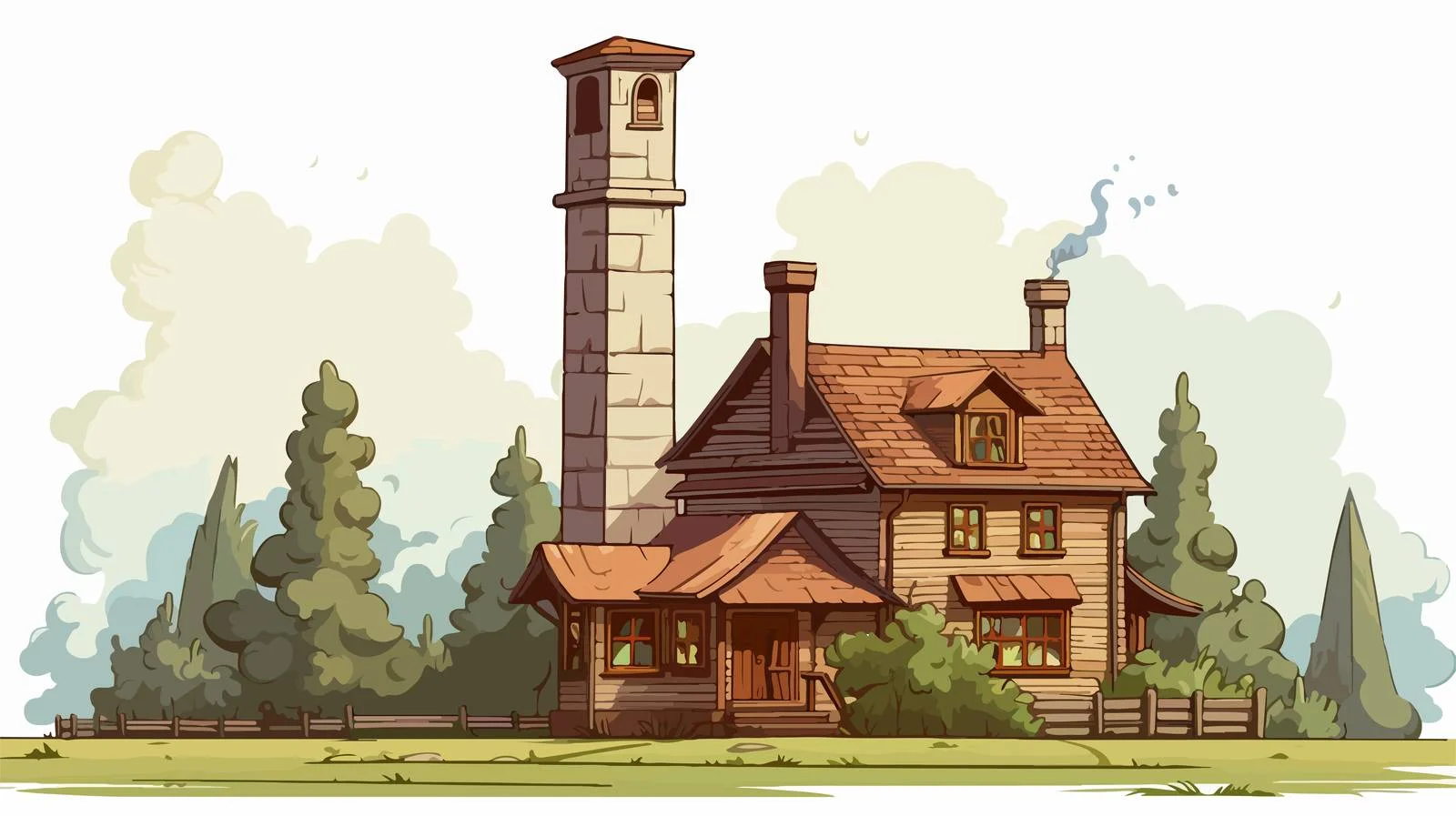 Rural Wooden House Stone Chimney Drawing — free download from Dotvec