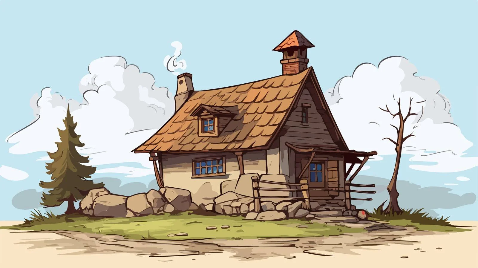 Rural House Stone Chimney Drawing Sketch — free download from Dotvec