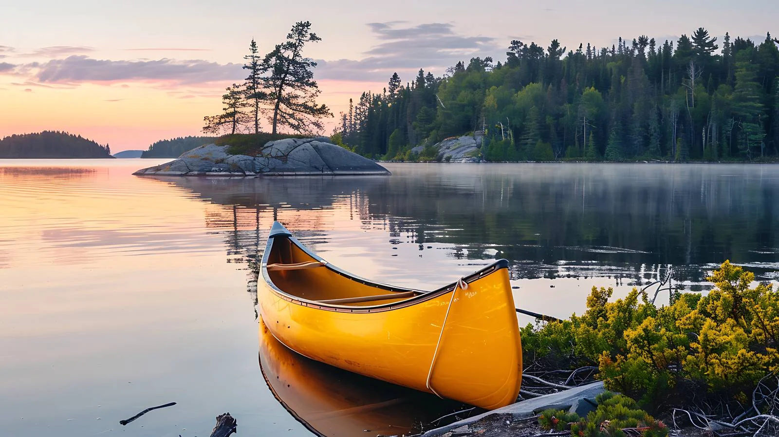 Serene yellow canoe by picturesque lakeshore — free download from Dotvec