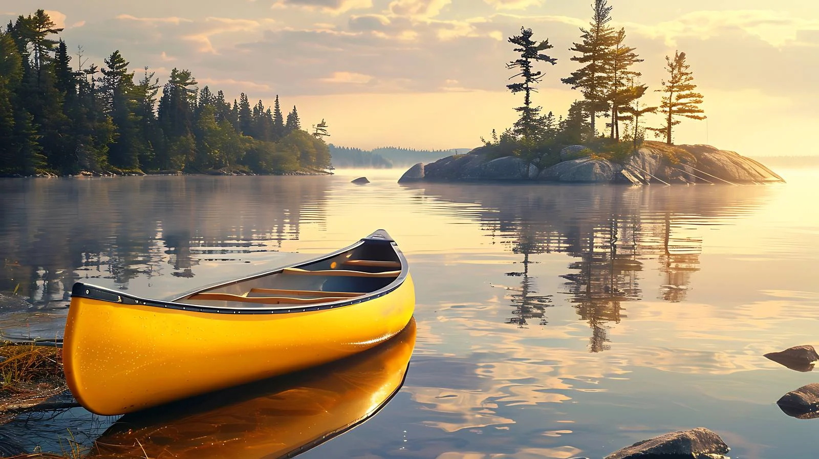 Scenic Lake Shore with Yellow Canoe — free download from Dotvec