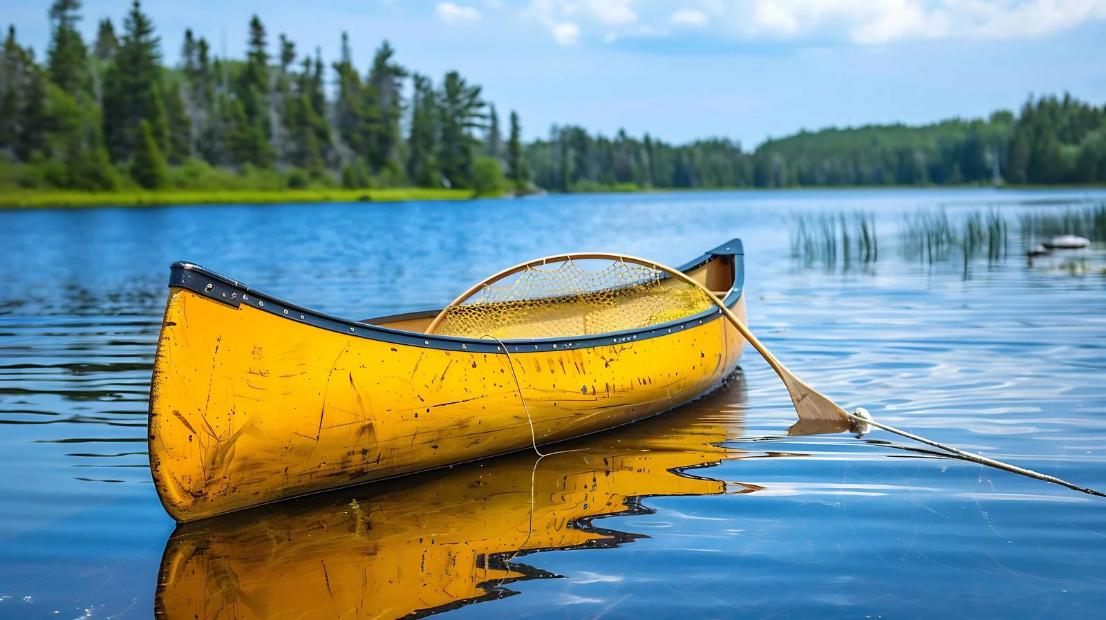 Serene Yellow Canoe on Blue Lake — free download from Dotvec
