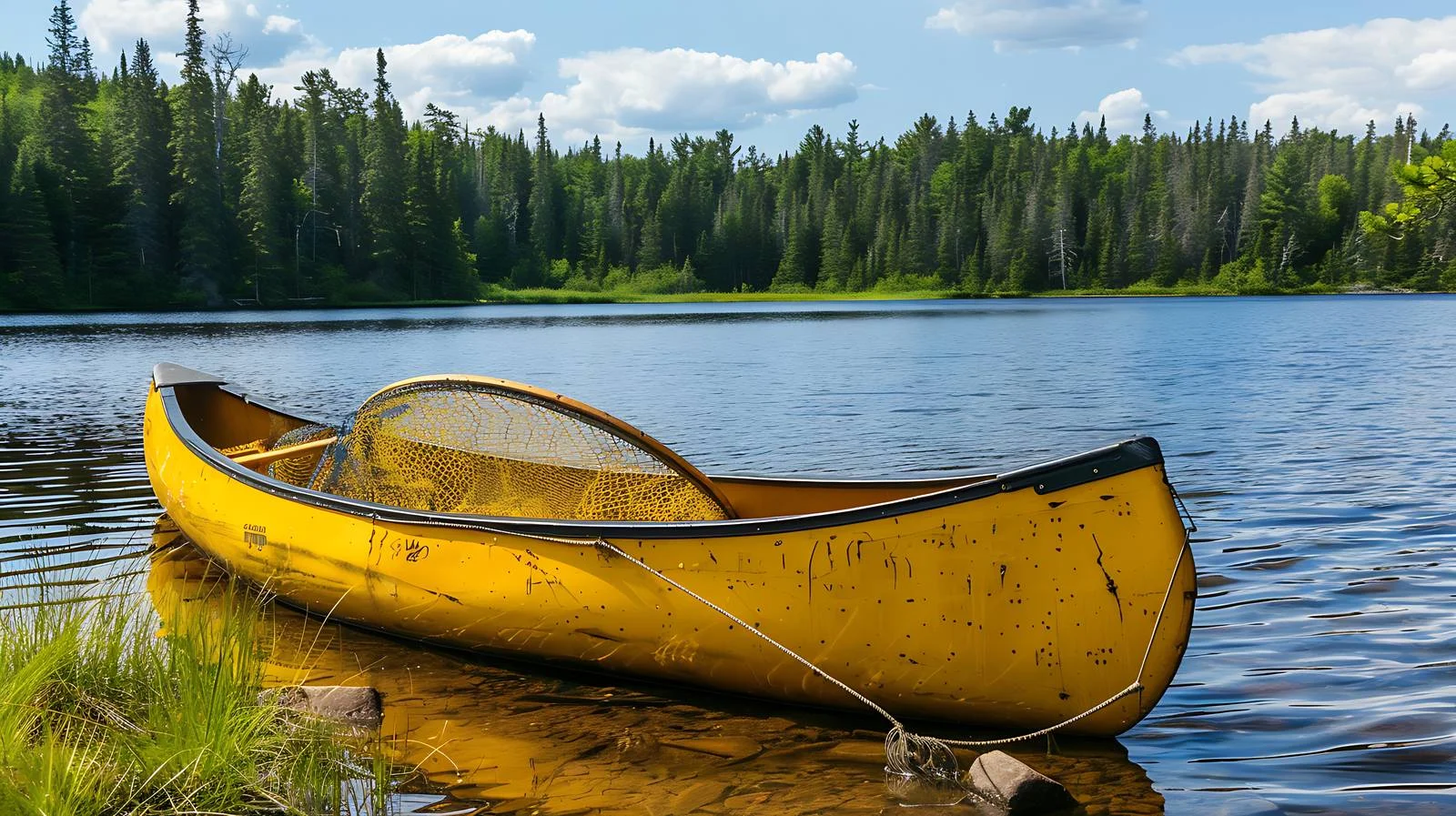 Serenity: Yellow Canoe on Tranquil Blue Lake — free download from Dotvec