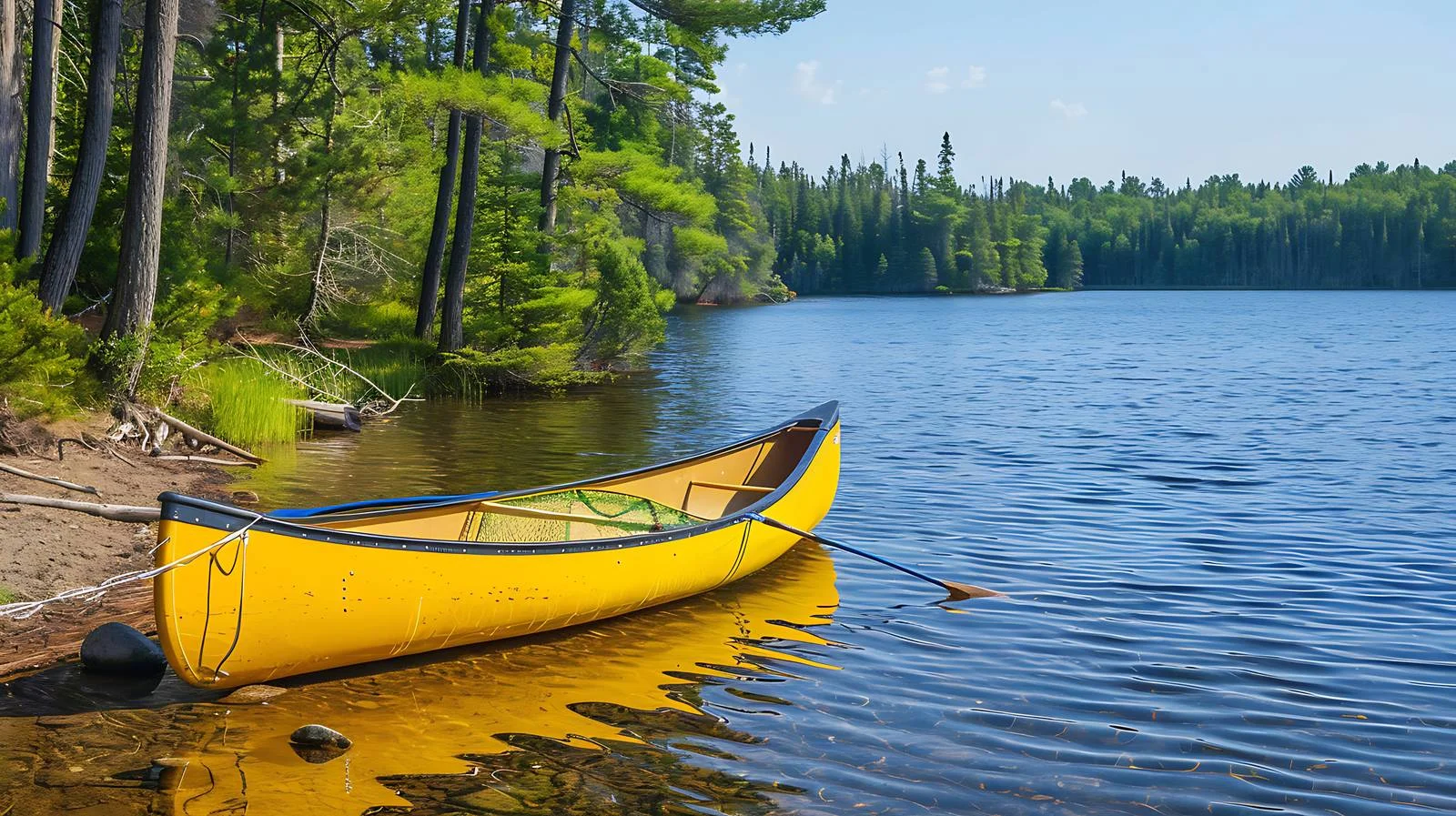 Serene Blue Lake Scene with Yellow Canoe — free download from Dotvec