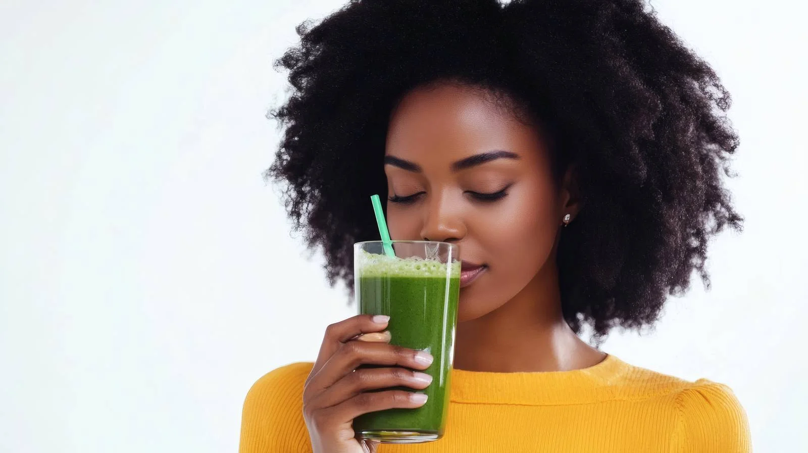 Healthy young African woman drinking green smoothie — free download from Dotvec
