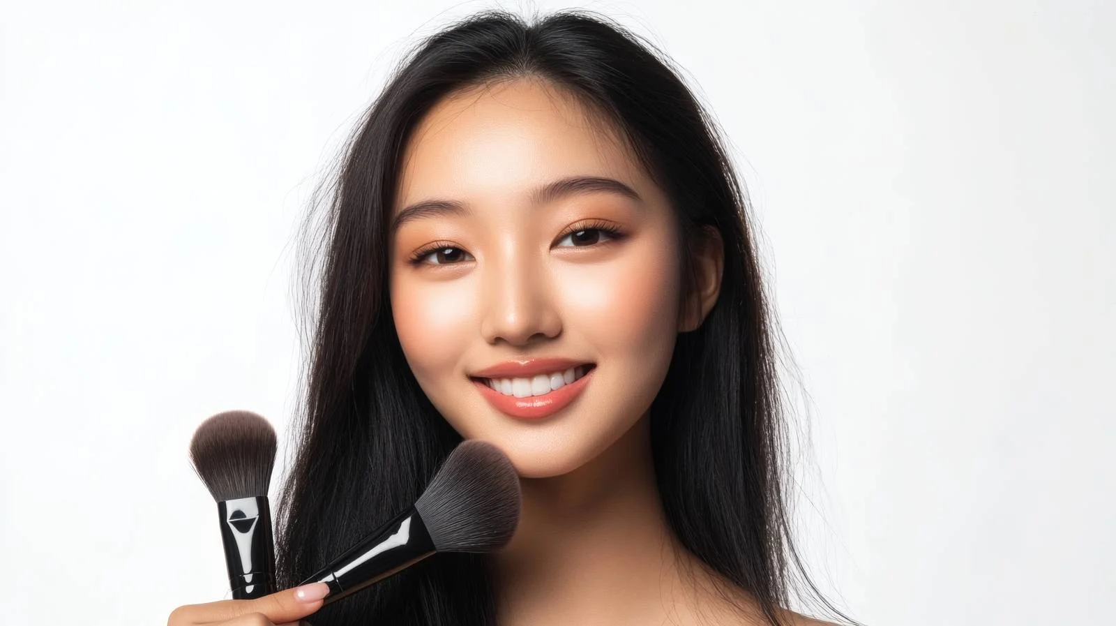 Asian Woman Applying Makeup Brush Isolated — free download from Dotvec