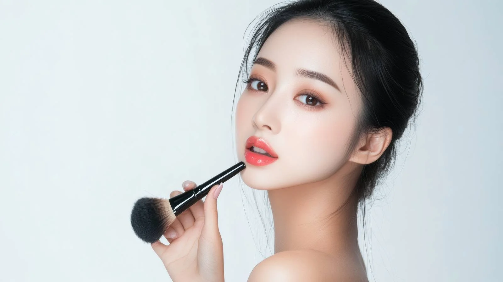 Asian woman using makeup brush on white — free download from Dotvec