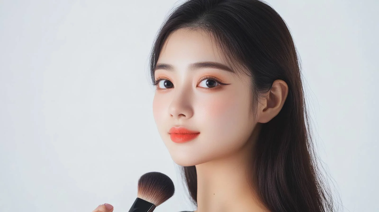 Asian woman with makeup brush on white — free download from Dotvec