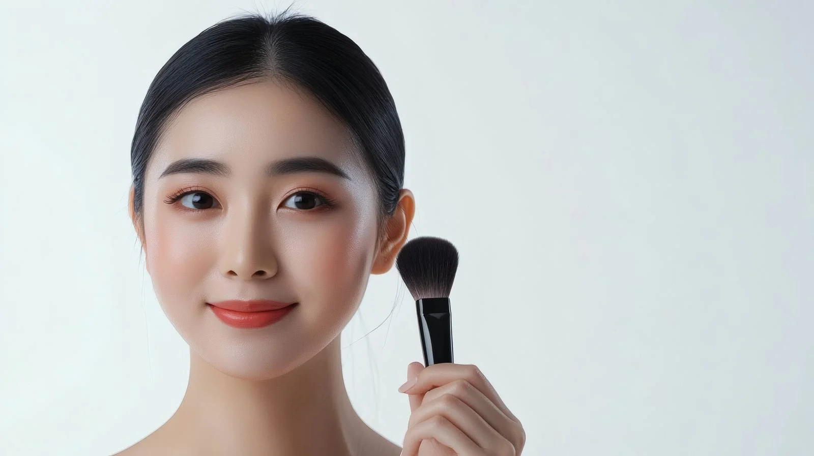 Asian woman applying makeup with brush — free download from Dotvec