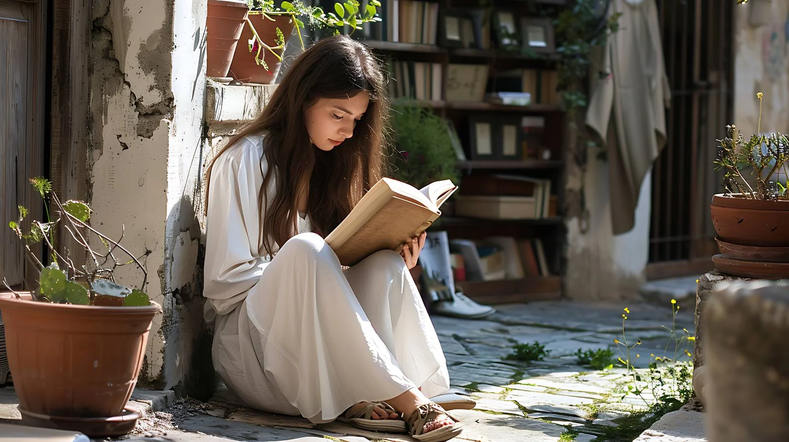 Elegant Woman Relaxing in Courtyard Reading – free courtyard image from Dotvec