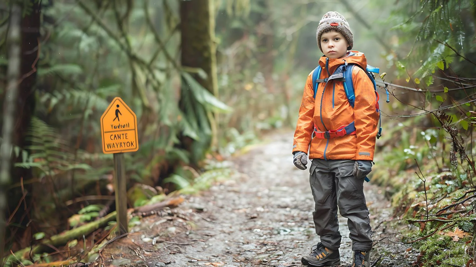 Adventurous boy near caution sign on trail — free download from Dotvec