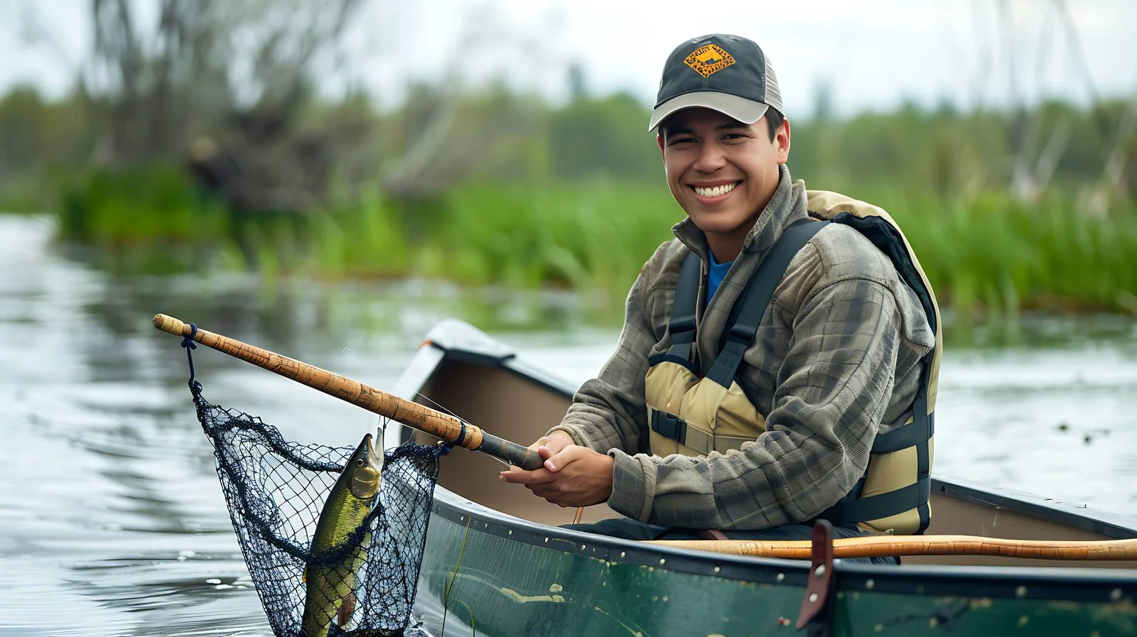 Cheerful fisherman on a canoe catches walleye — free download from Dotvec