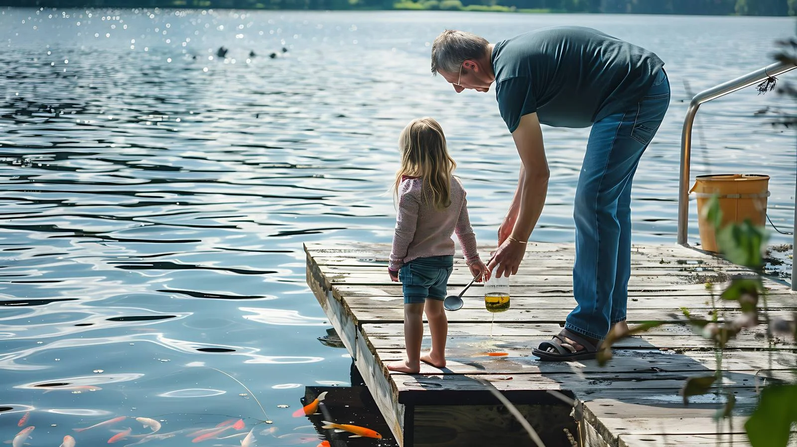 Child feeding fish on Minnesota dock — free download from Dotvec