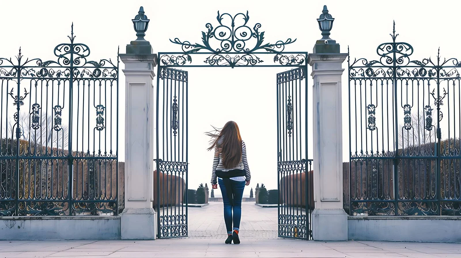 Elegant young lady near park entrance — free download from Dotvec