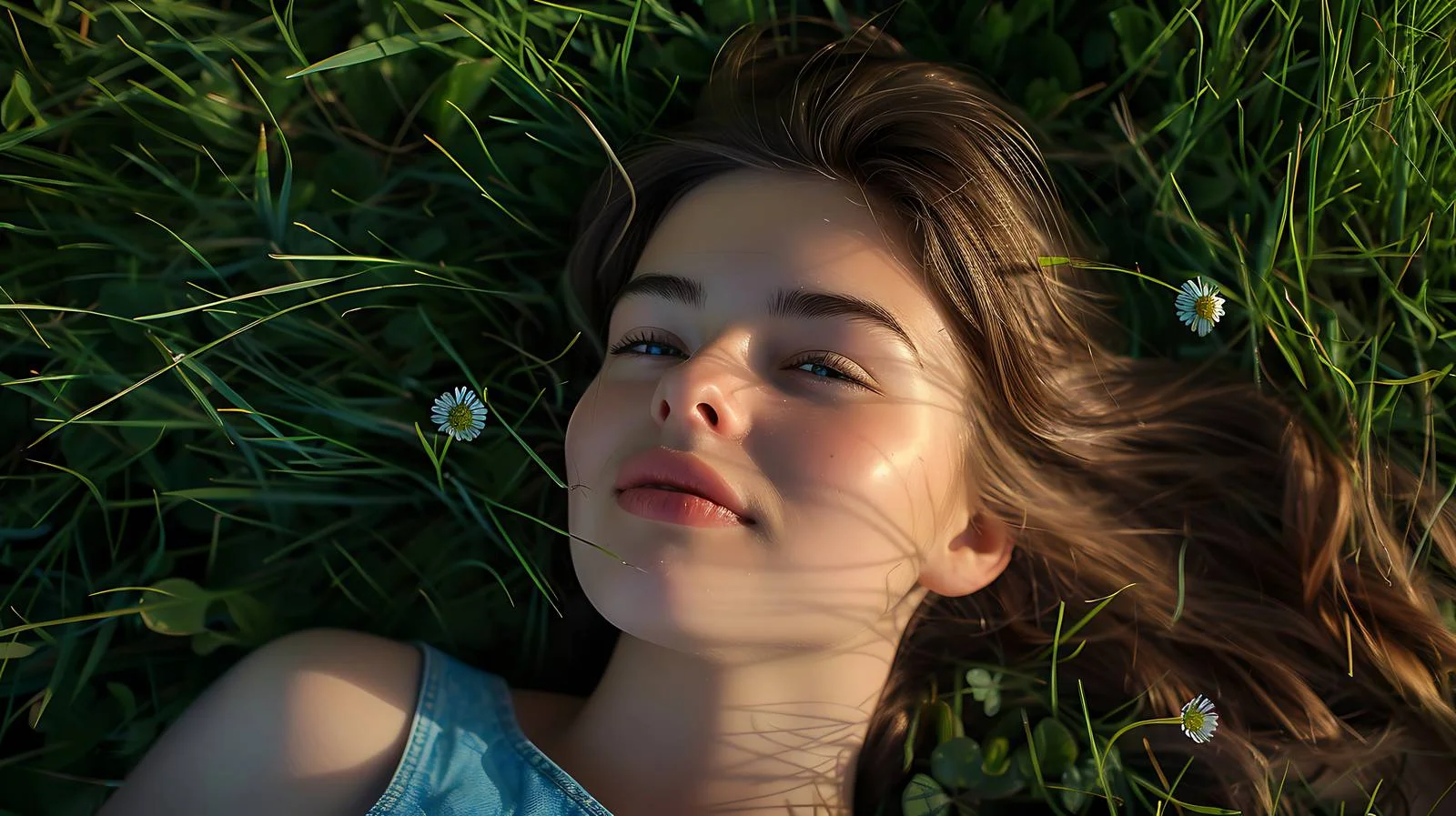 Serene woman resting on grass outdoors — free download from Dotvec