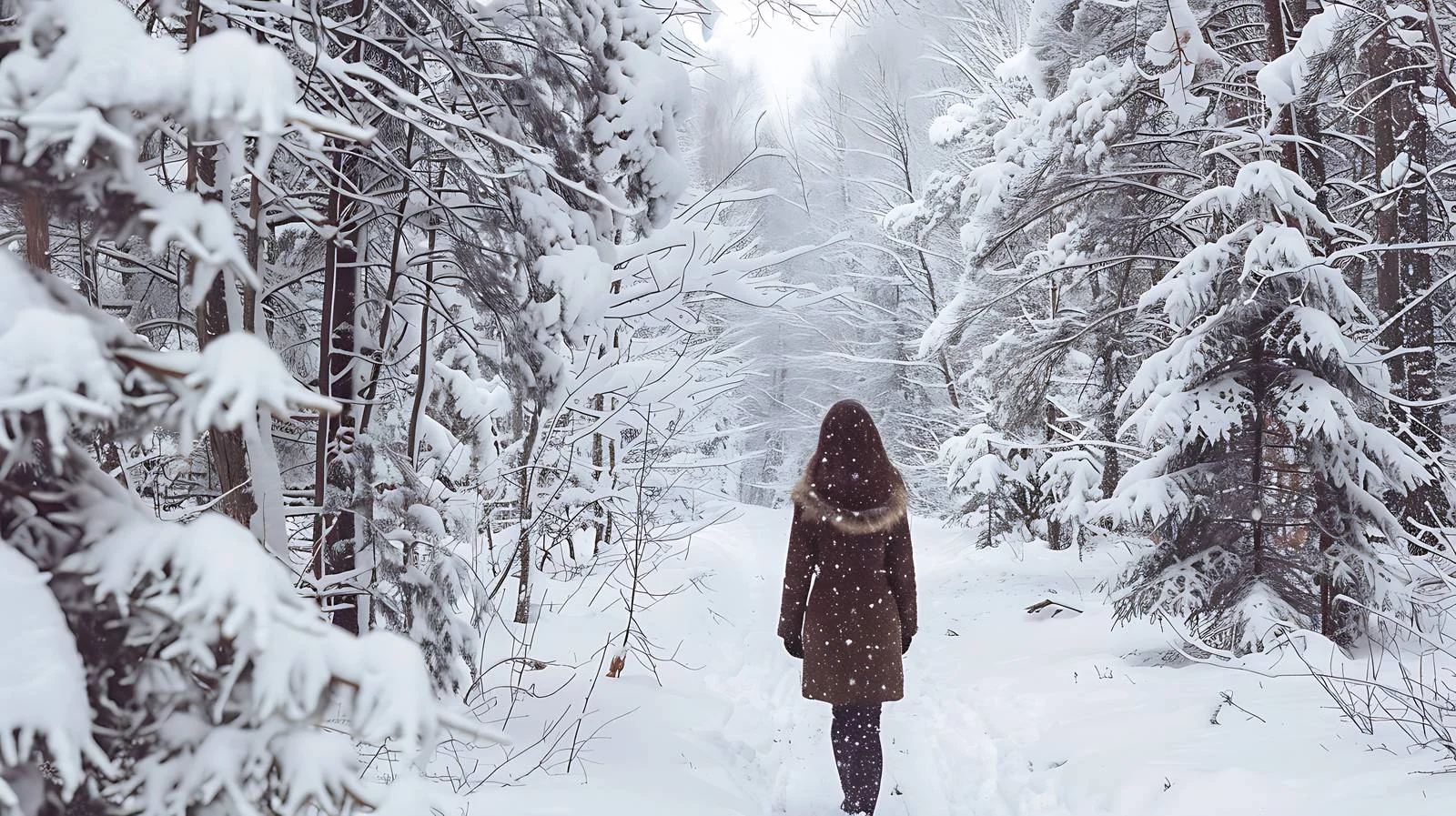 Solitary woman strolling snowy woods alone — free download from Dotvec