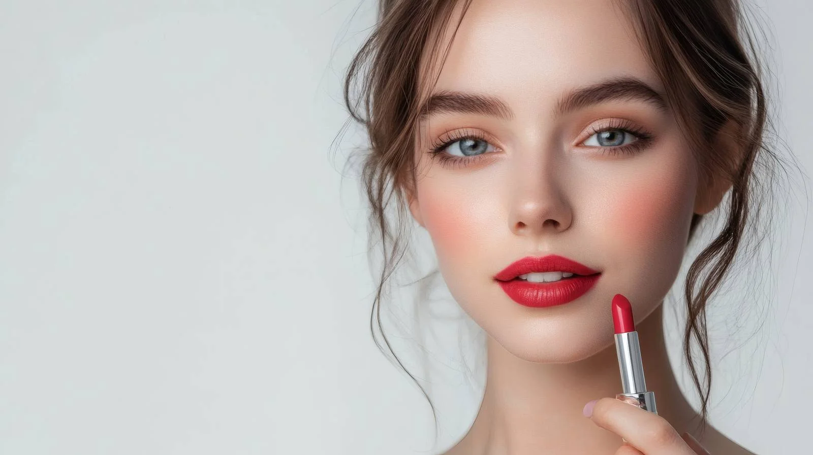 Elegant lady applying lipstick on white background — free download from Dotvec