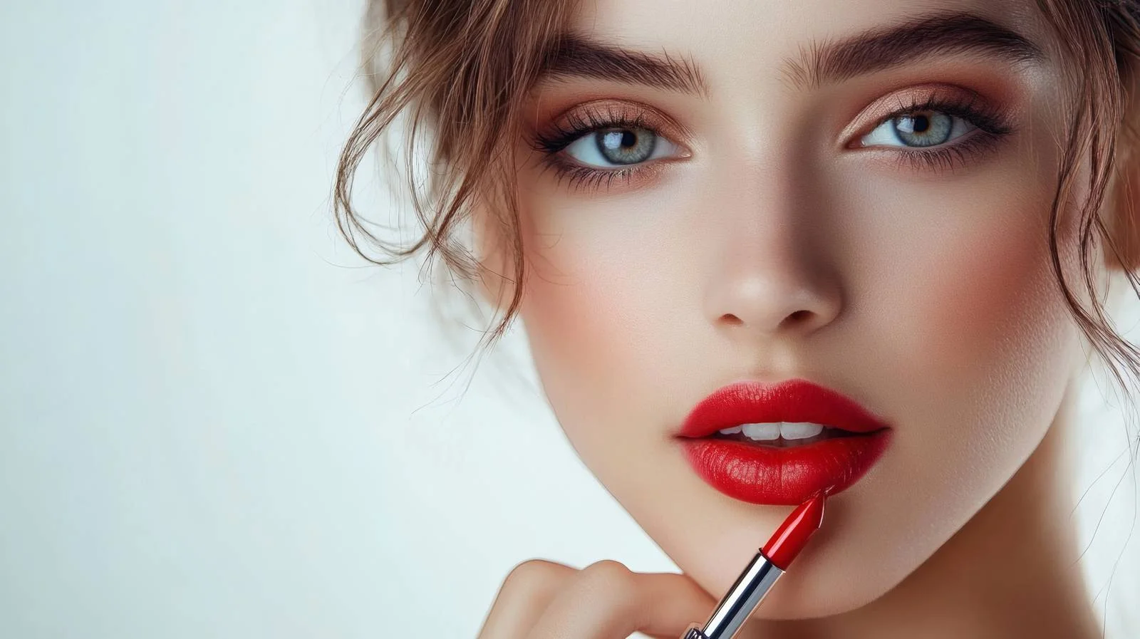 Elegant woman applying lipstick on white background — free download from Dotvec