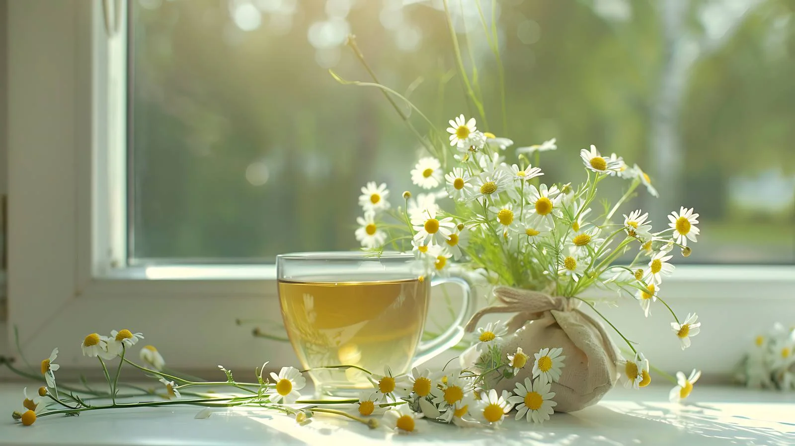 Chamomile Tea Cup Resting on Sunny Windowsill — free download from Dotvec