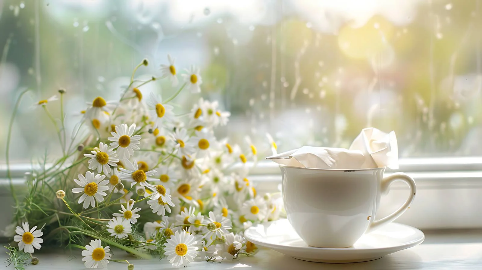 Chamomile tea cup on sunny windowsill — free download from Dotvec