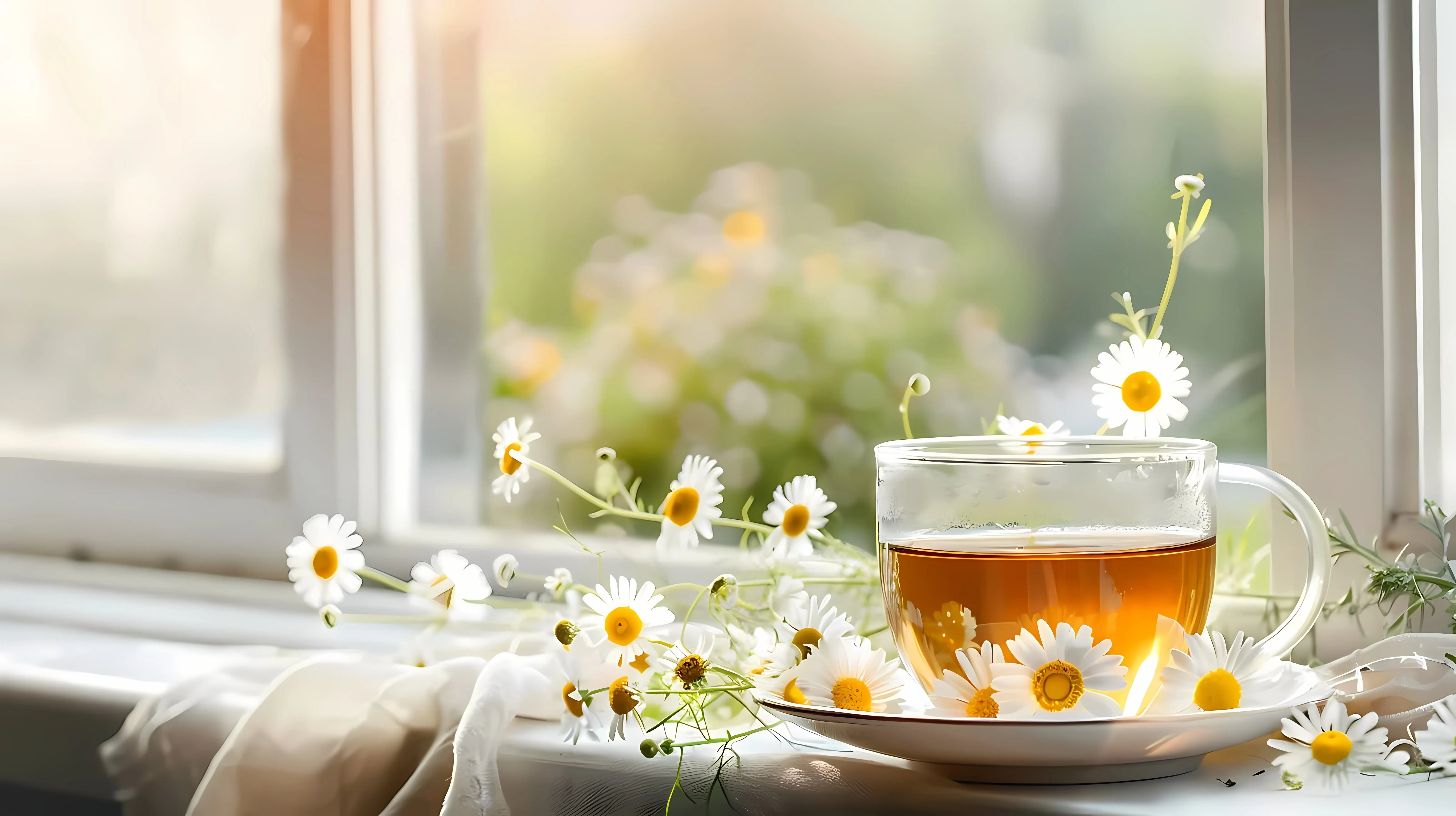 Chamomile Tea in a Cup on Windowsill — free download from Dotvec