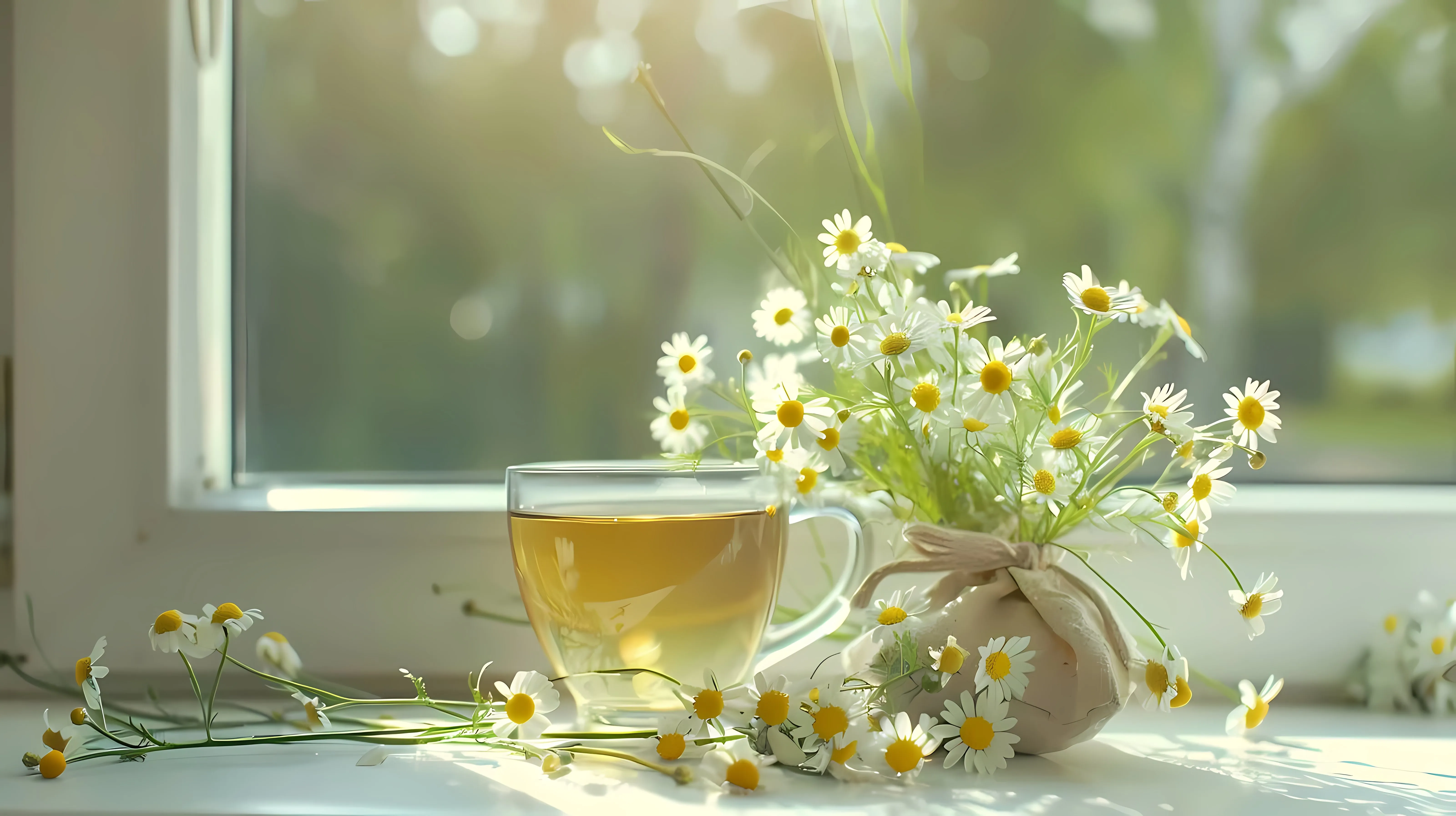 Chamomile Tea Cup on Windowsill — free download from Dotvec