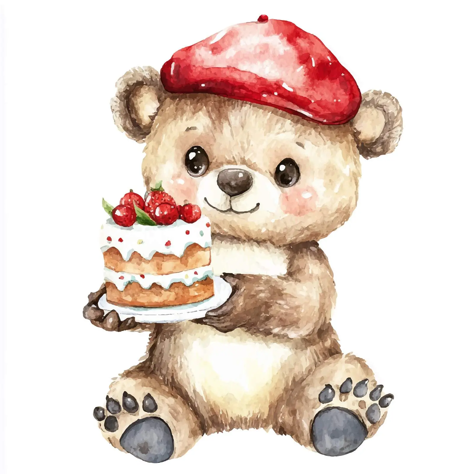 Bear Cub in Red Cap with Cake Watercolor Clipart — free download from Dotvec
