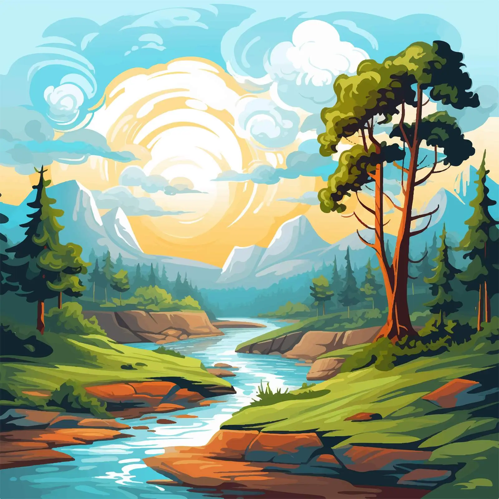 Beautiful Nature Landscape Vector Illustration — free download from Dotvec