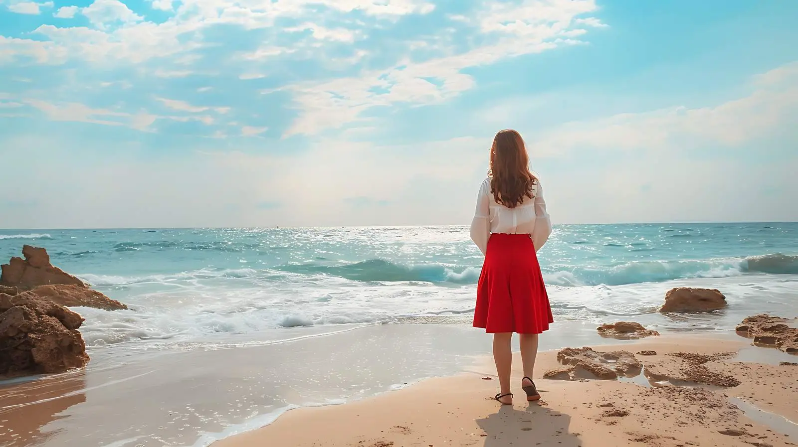 Beautiful Young Woman in Red Skirt and White Shirt – free confident image from Dotvec