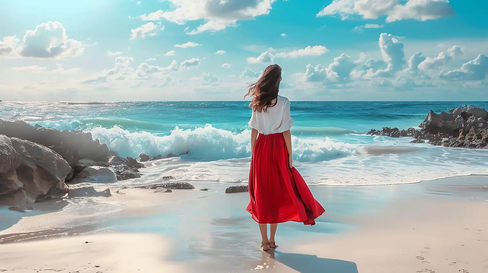 Young Woman in Red Skirt and White Shirt – free pose image from Dotvec