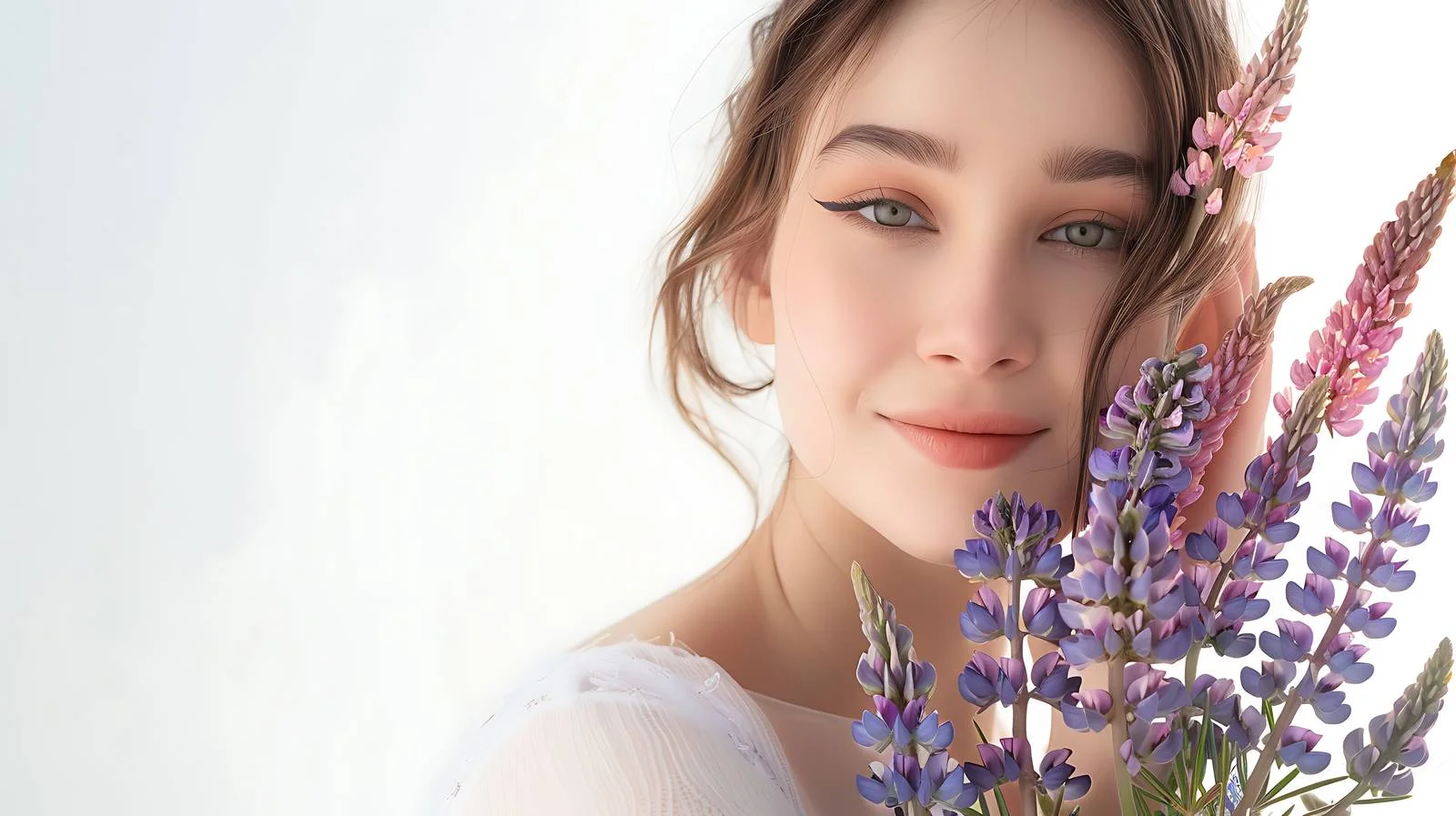 Graceful Woman Holding Lupine Bouquet Outdoors — free download from Dotvec